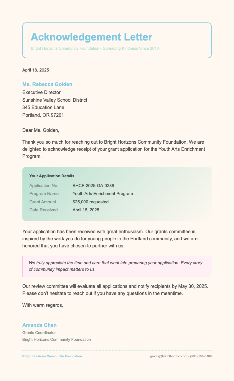 Soft organic acknowledgement letter